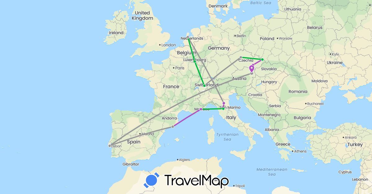 TravelMap itinerary: bus, plane, train in Austria, Switzerland, Czech Republic, Spain, France, Italy, Luxembourg, Netherlands, Portugal (Europe)