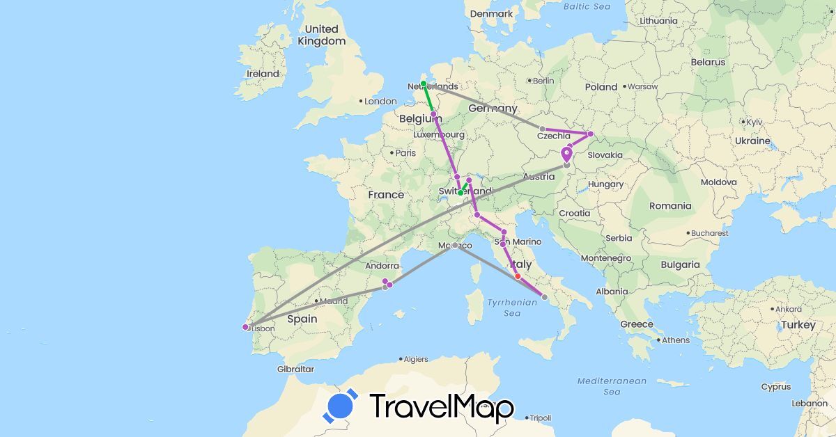 TravelMap itinerary: driving, bus, plane, train, hiking in Austria, Switzerland, Czech Republic, Spain, France, Italy, Monaco, Netherlands, Portugal, Vatican City (Europe)